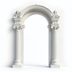 Naklejka premium White neoclassical arch with ornate Corinthian columns stands on a clean white surface. This classic architectural element offers a gateway or entrance concept with ample copy space for text overlay.