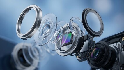 Exploded view of a camera lens assembly showing optical elements, sensor, and circuit board components