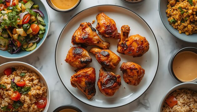 Grilled Chicken Platter with Rice and Fresh Salads &ndash; Healthy Homemade Meal