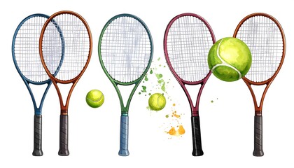 Collection of Tennis Rackets and Balls with Watercolor Splashes.