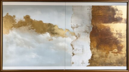 This stunning artwork showcases a blend of gentle clouds and rich golden textures, creating a calm and artistic atmosphere. It invites viewers to explore its beautiful contrasts