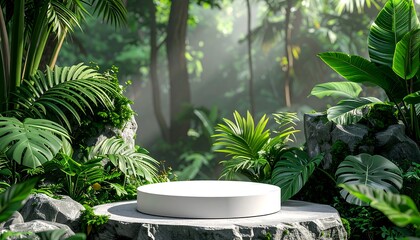 Jungle Podium Display Surrounded by Lush Greenery and Sunlight.