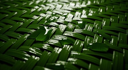 Fototapeta premium Closeup of glossy dark green woven surface with water droplets