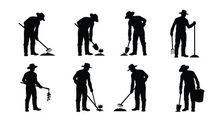 Naklejka premium Silhouettes of men with hats performing various gardening and cleaning tasks