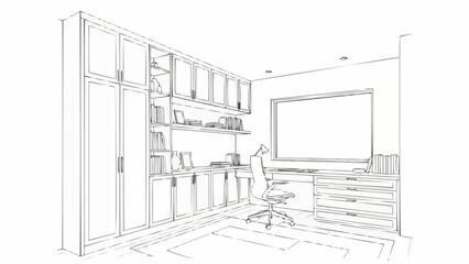 Modern Home Office Interior Design Sketch with Bookshelves and Desk. © Sosi