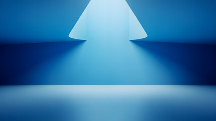 A spotlight shines on a triangular shape in a blue room