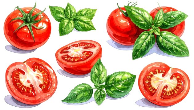 Digitally painted illustration of vibrant red tomatoes and green basil sprigs, whole and halved, on a white background