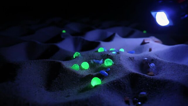 An abstract representation of Microfiber Pollution, visible as glowing elements in sand, symbolizing a developing Plastisphere and the threat of Trophic Transfer in nature