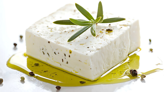 Delicious block of feta cheese drizzled with olive oil and fresh rosemary