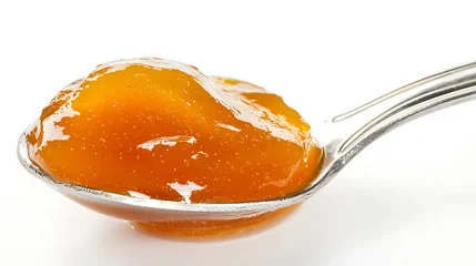 Acrylglasbilder Restaurant Close up of delicious apricot jam on spoon isolated on white background  © MinaNasrin