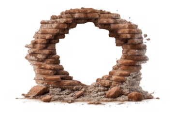 Broken red brick wall forming a circular arch with crumbling structure, showing breakthrough and destruction on transparent background