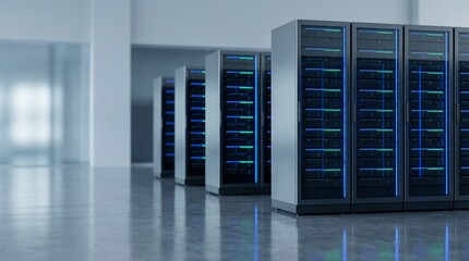 Modern Data Center Server Room with Blue LED Lights and Copy Space