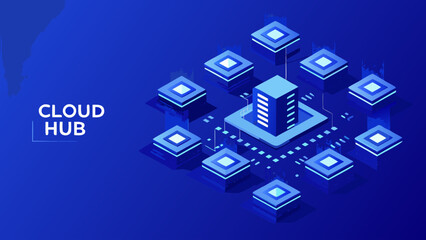 Futuristic cloud data hub with interconnected servers and storage nodes in a blue gradient