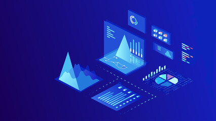 Futuristic dashboard with 3d graphs and charts on blue background, business analytics and data
