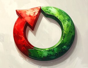 Digitally painted, stylized arrow looping around to form a circular shape, one half red and the other green