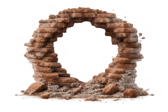 Broken red brick wall forming a circular arch with crumbling structure, showing breakthrough and destruction on transparent background - Powered by Adobe