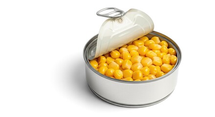 Open Can of Sweet Corn Isolated on White Background Ready for Consumption or Ingredient Use