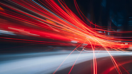 Vibrant red light trails on a dark road at night