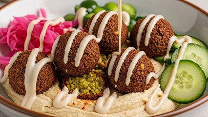 Falafel Dish with Tahini Sauce and Vegetables.