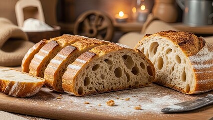 Freshly baked bread on wooden board.