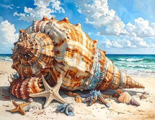 Watercolor painting of a large seashell on a sandy beach