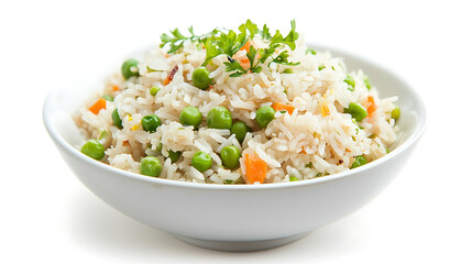 Rice salad with peas and carrots served in white bowl