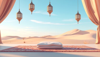 Serene desert landscape with hanging lanterns, cushions on a rug, and dunes under a blue sky with wispy clouds, viewed through draped curtains.
