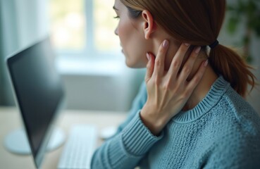 Woman holds neck in pain while working at computer. Female feels neck ache from long computer use. Tired person seeks pain relief, stress reduction, and posture correction for discomfort.