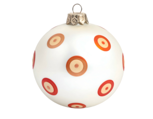 White Christmas ornament with circular red and brown dot patterns