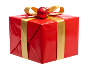Bright red wrapped gift with gold ribbon and bauble