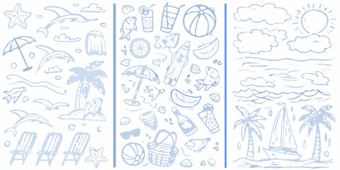 A collection of hand drawn summer themed doodles and beach icons on a light blue background © Sudebi