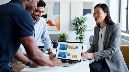 Diverse business professionals collaborate around a laptop displaying data visualizations and analytics dashboards during a focused meeting in a modern office setting - Powered by Adobe
