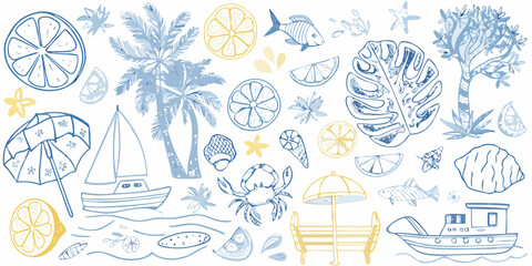 A collection of hand drawn summer elements including citrus foliage and nautical themes