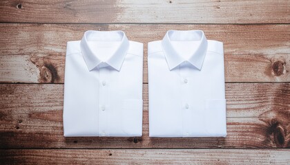 Top-down view of two neatly folded white dress shirts on a rustic wooden background with a shallow depth of field.