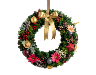 Festive evergreen wreath with ornaments, flowers, pinecones, berries, red star
