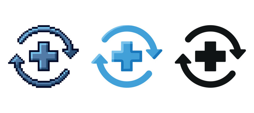 Set of rotating medical cross icons in pixel, flat, and solid styles