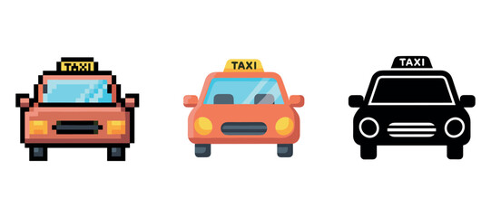 Fototapeta premium Set of three taxi icons: pixel art, flat design, and minimalist style