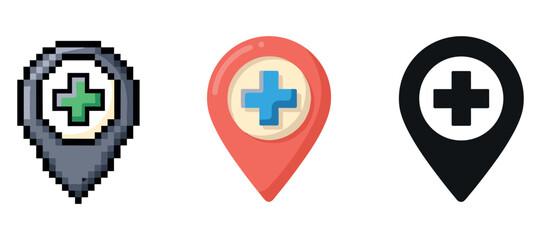 Three medical map pin icons: pixelated, colored, silhouette designs