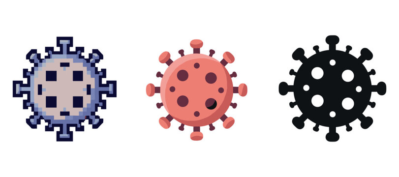 Set of three coronavirus icons in pixel, flat, and silhouette styles