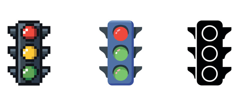 Traffic light icons in pixel, flat, and outline styles on white background