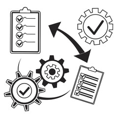 A black and white illustration of gears and checklists in a cycle