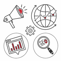 A graphic illustration of SEO and marketing concepts on a white background