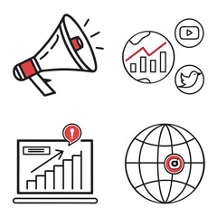 A modern graphic illustration of business marketing and social media icons
