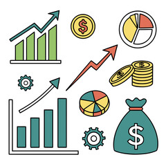 A colorful illustration of business and finance icons and symbols