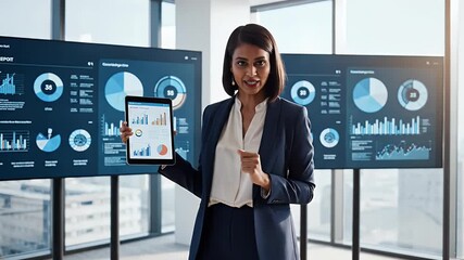 Confident businesswoman presents data analytics report on large screens during a modern business meeting showcasing insights and strategic planning for growth