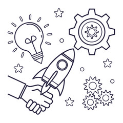 A hand holding a rocket with a lightbulb and gears in the background