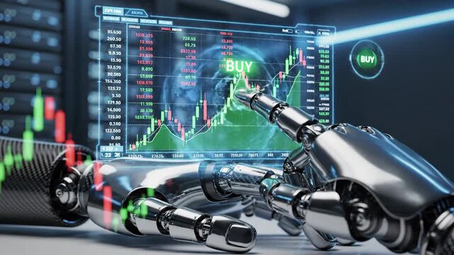 A robotic arm analyzes stock market data on a digital interface, with a BUY option