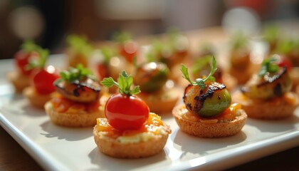 Assorted mini savory tarts with cherry tomatoes, olives arranged on white serving platter. Small bites feature fresh herbs, appear ready for guests at celebration reception. Appetizers look