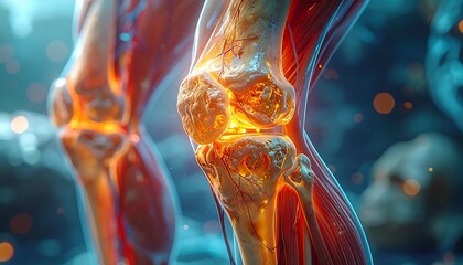 Digitally rendered medical illustration showcasing the anatomy of a knee joint. Muscles and bones are highlighted with glowing effects