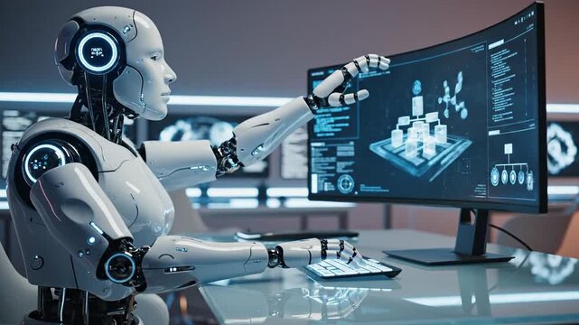 A robotic figure uses a computer with a curved monitor, likely for data analysis and code